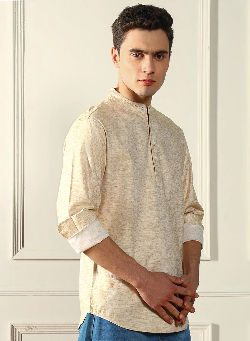 Dennis Lingo Beige Slim Fit Mandarin Collar Shirt for Men - Cotton, Solid, Full Sleeves, Casual