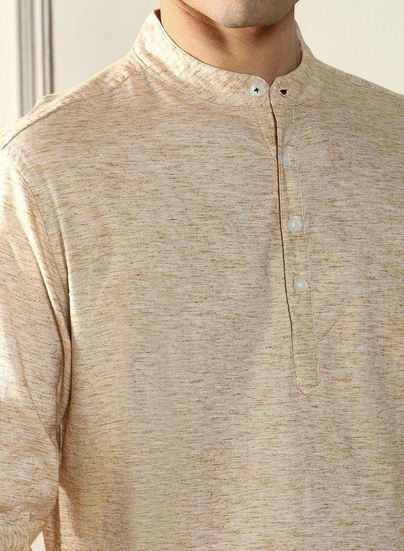 Dennis Lingo Beige Slim Fit Mandarin Collar Shirt for Men - Cotton, Solid, Full Sleeves, Casual