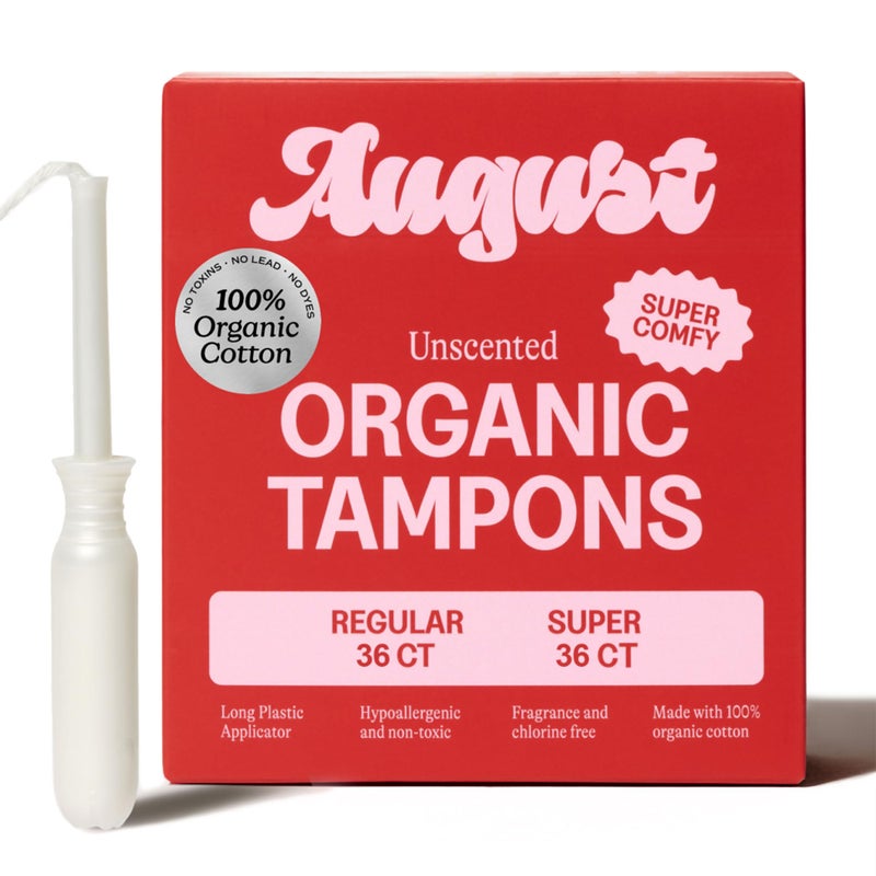 August Super + Regular Tampons - 72-Pack (36 + 36) 100% Organic Cotton Tampons for Women and Anyone Who Menstruates, Non-Toxic, Fragrance-Free, and Hypoallergenic with Long Applicators - Image 1