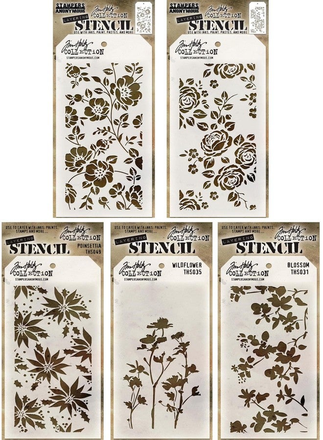 Tim Holtz - Stencils Set 10 ("Flowers") - Five Item Bundle - Roses, Floral, Blossom, Poinsettia, and Wildflower