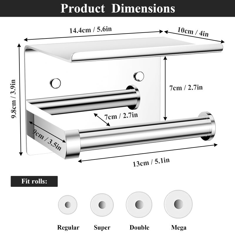 Tindbea Toilet Paper Holder with Phone Shelf, Adhesive or Screw Wall Mount Toilet Tissue Roll Holder, Rustproof & Multifunctional Stainless Steel Bathroom Storage Dispenser (Polished Chrome) - Image 3