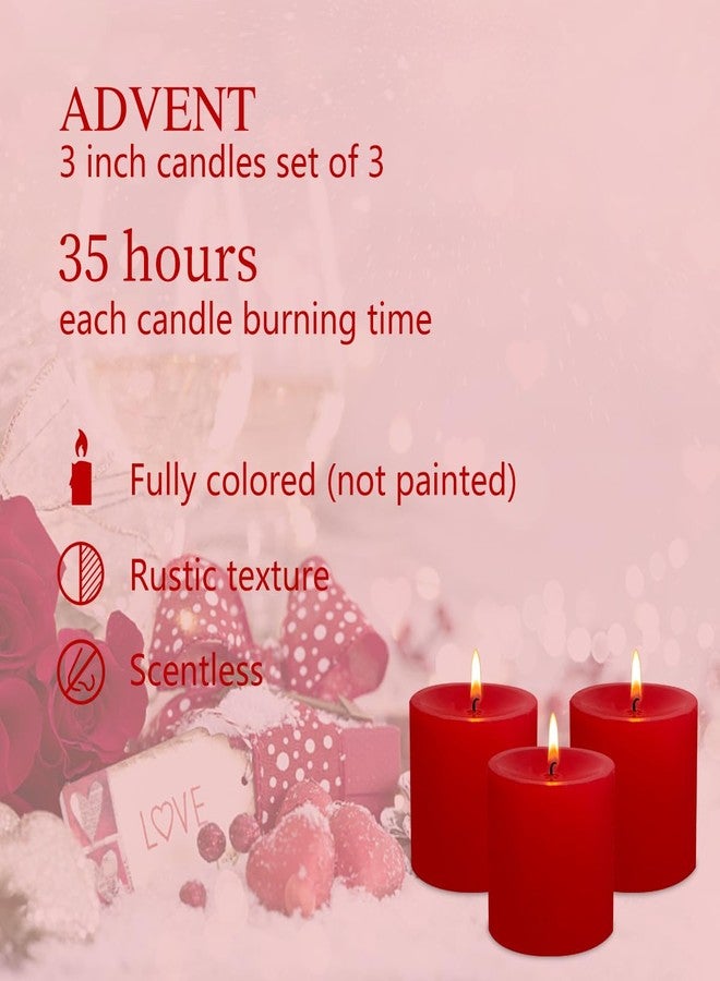 BINYUAN 3" x 3" Hand-Poured Unscented Red Candle, Dripless Pillar Candle Set of 3, Long Clean Burning, Approx 40 Hours Burn Time, Rustic Country Style, Christmas, Wedding, Dinner and Home Decor - Image 5