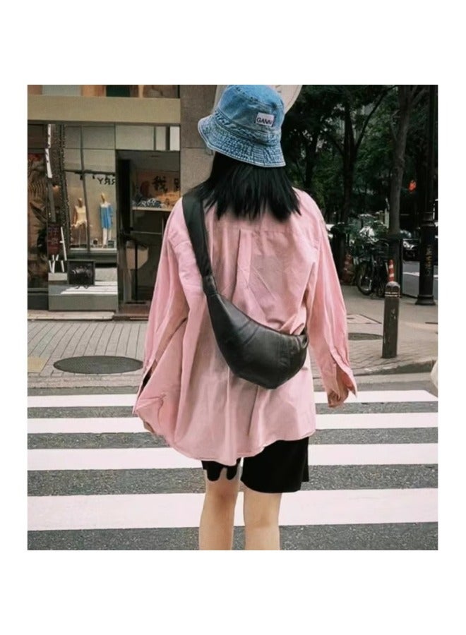 Genuine Leather Croissant Bag Women's 2025 Top Layer Sheepskin Niche Waist Bag Single Shoulder Crossbody Chest Bag Can Praise Dumpling Bag-Colour:Brown  - Image 3