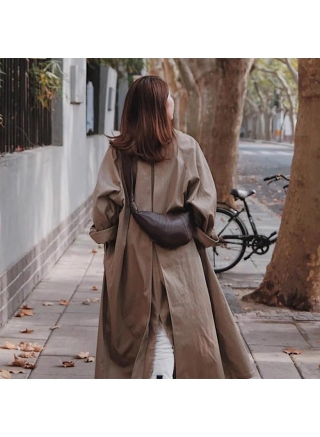 Genuine Leather Croissant Bag Women's 2025 Top Layer Sheepskin Niche Waist Bag Single Shoulder Crossbody Chest Bag Can Praise Dumpling Bag-Colour:Brown  - Image 4