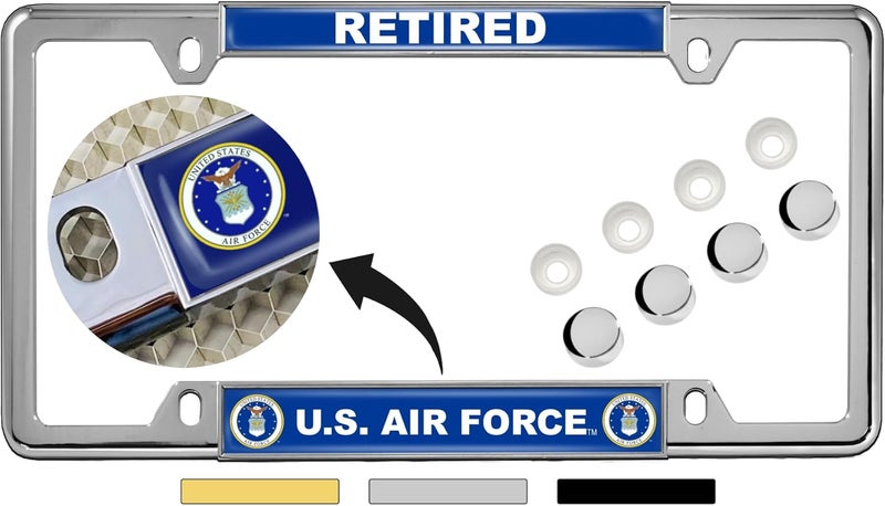 BestLicensePlateFrames U.S. Air Force Retired Domed Metal License Plate Frame with Free Caps - Image 1