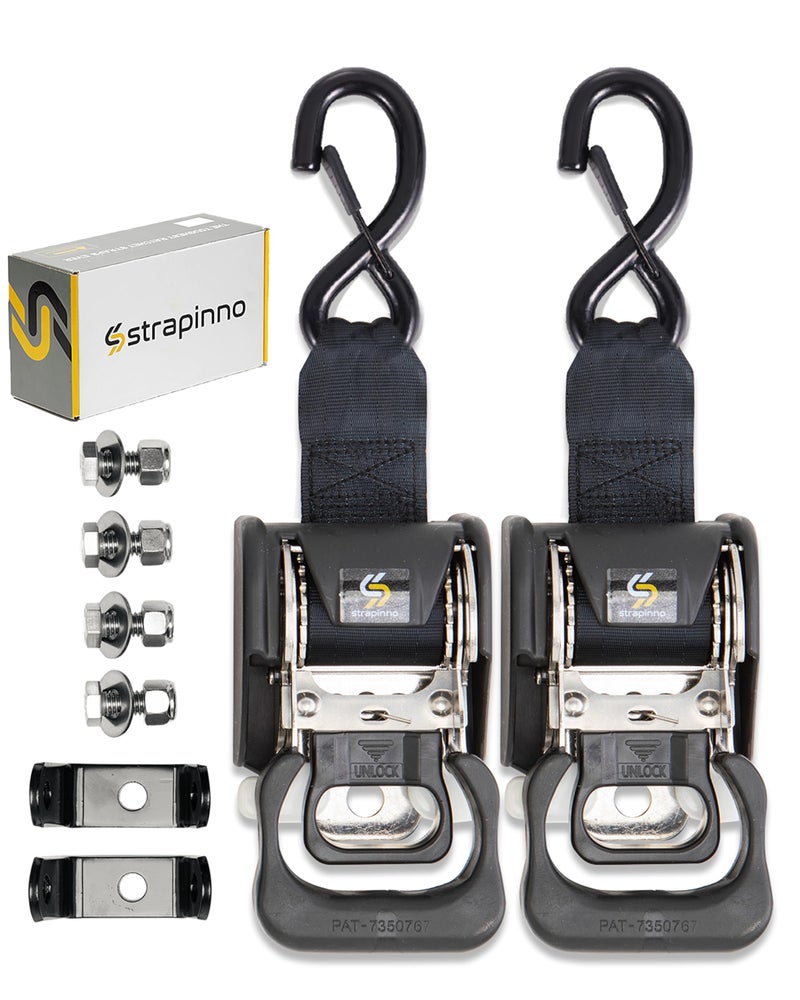 Strapinno 2PCS Stainless Steel Retractable Ratchet Straps 1 78 in x 4 ft Transom Tie Downs for Boat Trailer Extra Mounting Brackets Bolt Set Boat Accessories Break Strength 1650LB750KG