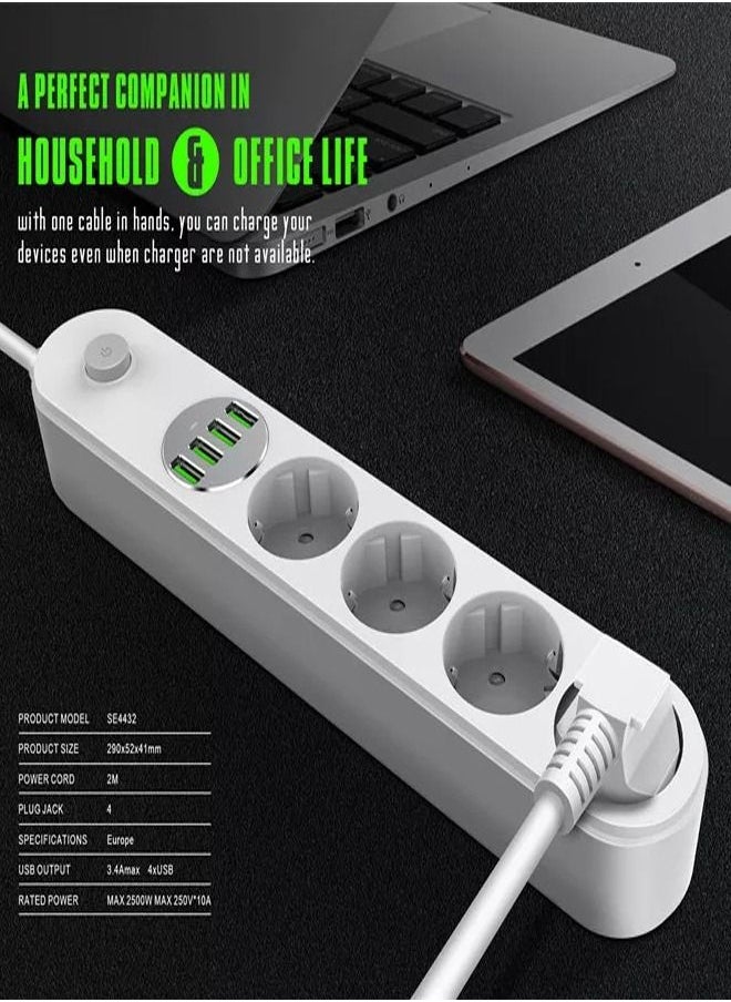 LDNIO - Smart Power Strip 4 port USB 4 power Socket strip 2500W 10A USB charger Smart Home Control 2m Power Cord - Image 1
