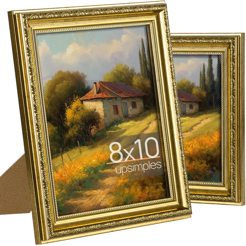 upsimples 8x10 Picture Frame with Real Glass  2 Pack Ornate Vintage Picture Frames for Wall or Tabletop Display  Gold 8 x 10 Photo Frame for Antique D?cor - Image 1