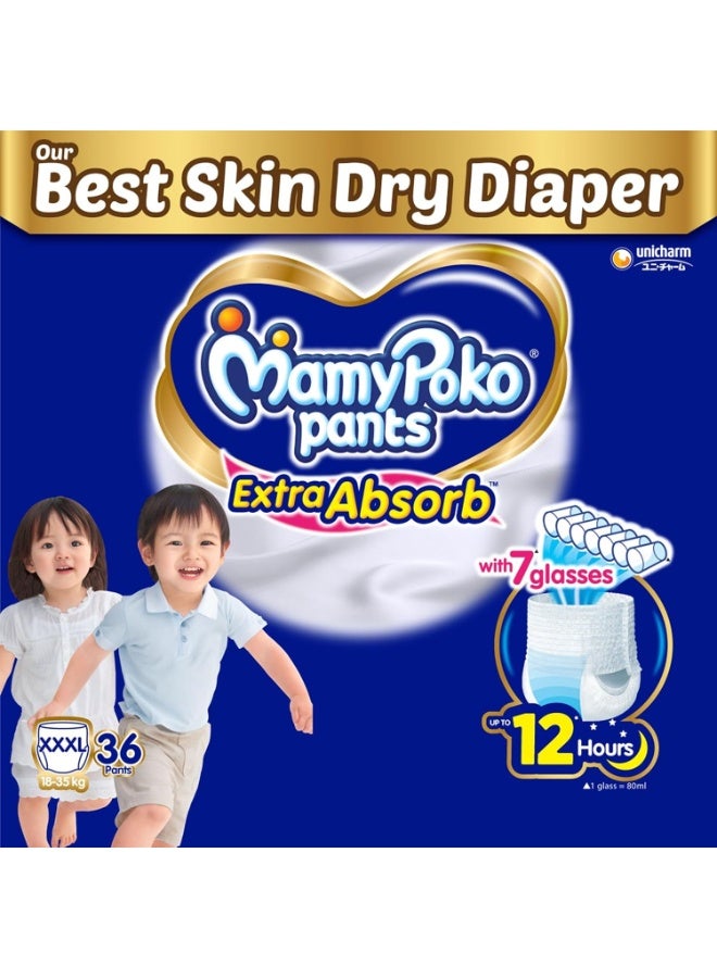 Mamypoko pants Extra Absorb| Pant Style Baby Diapers (XXXL), 36 Count, 18-35kg||Deep Sleep Diapers| Soft gentle fit |Deep Absorbent Crisscross | skin friendly with coconut oil