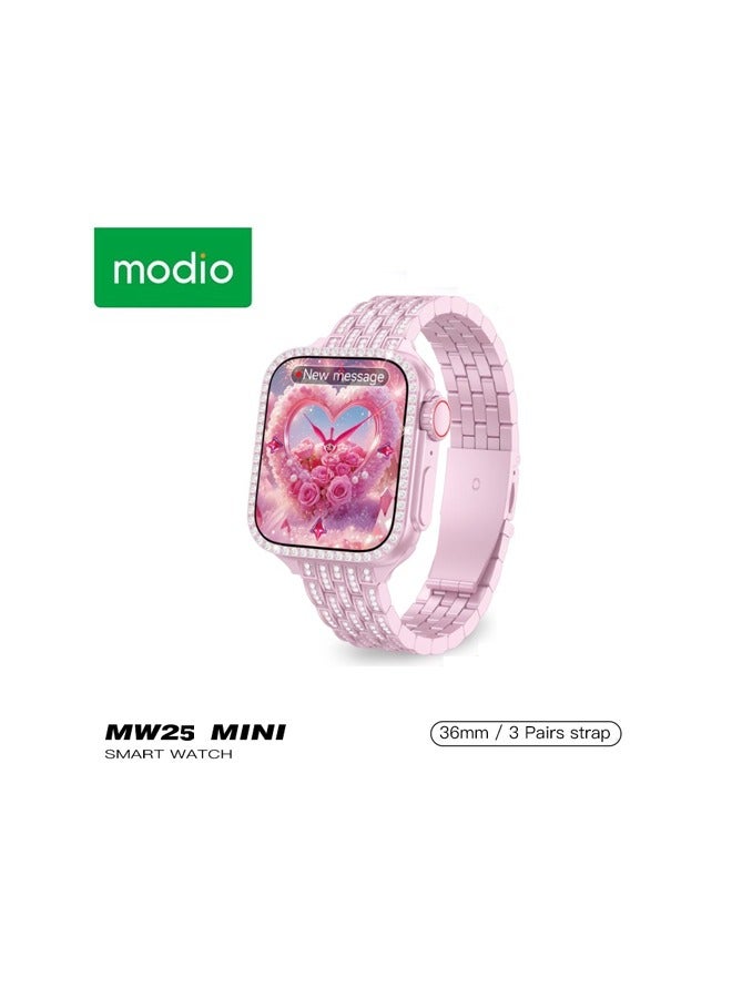 موديو ساعة موديو الذكية MW25 ميني 36 مم مع 3 أزواج من الأشرطة وكابل شحن مصممة للسيدات باللون الوردي - Image 1