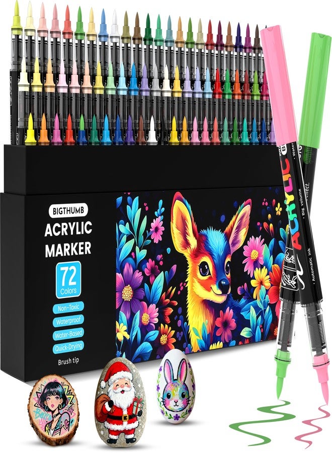 BIGTHUMB 72 Colors Acrylic Paint Pens Markers, Brush Tip Automatic Ink Control Paint Markers for Rock Painting, Ceramic, Wood, Plastic, Canvas, Glass, Card Making, DIY Crafts & Art Supplie - Image 1