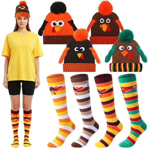 Vicenpal 8 Pcs Thanksgiving Turkey Trot Costume Set Turkey Beanie Hat High Athletic Running Socks for Adults Men Women Party - Image 1