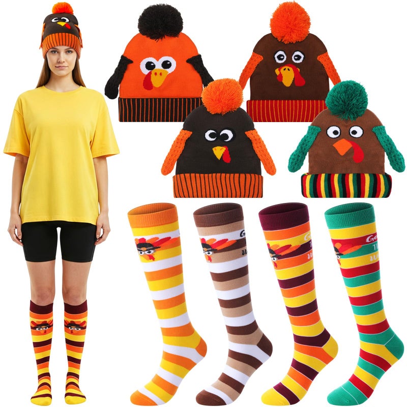 Vicenpal 8 Pcs Thanksgiving Turkey Trot Costume Set Turkey Beanie Hat High Athletic Running Socks for Adults Men Women Party - Image 2