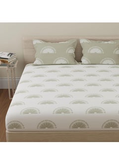 HUESLAND Huesland by Ahmedabad Cotton 144 TC Bedspread for King Size Bed Cotton with 2 Pillow Covers Sunrise 9ft x 9ft White and Basil Green 