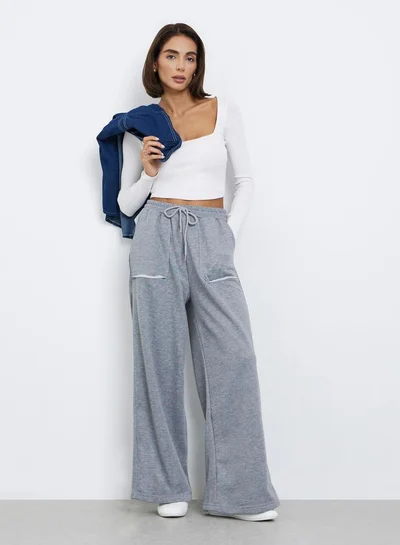 Styli Women Grey Plain Wide Leg Joggers with Drawstring Waist
