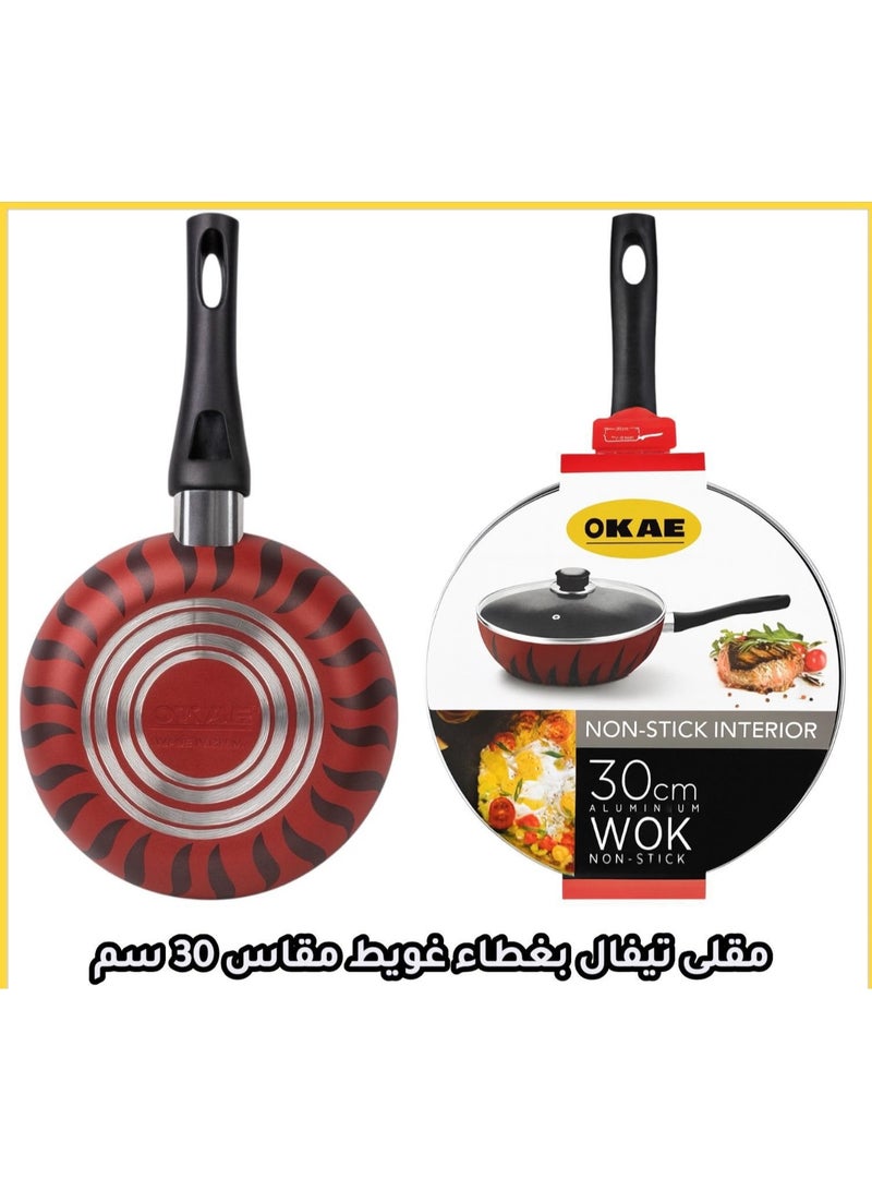 OKAE 30cm Aluminum Non-Stick Wok – Red Deep Frying Pan with Ergonomic Handle for Everyday Cooking