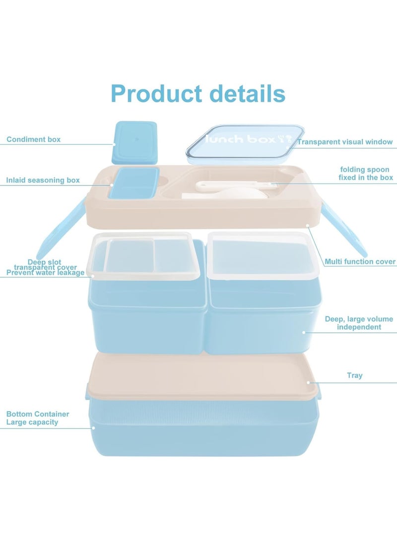 Excefore Bento Box, Lunch Box Containers for Adults and Kids, 40oz Leakproof 3 Compartments Stackable Bento Lunch Box With Utensils and Sauce Containers, Microwave and Dishwasher Safe, Blue, 1Pcs - Image 2