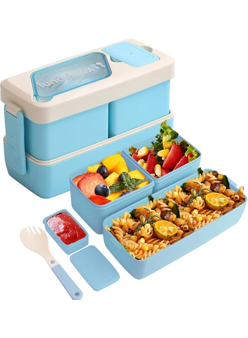 Excefore Bento Box, Lunch Box Containers for Adults and Kids, 40oz Leakproof 3 Compartments Stackable Bento Lunch Box With Utensils and Sauce Containers, Microwave and Dishwasher Safe, Blue, 1Pcs - Image 1