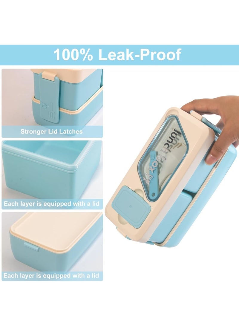 Excefore Bento Box, Lunch Box Containers for Adults and Kids, 40oz Leakproof 3 Compartments Stackable Bento Lunch Box With Utensils and Sauce Containers, Microwave and Dishwasher Safe, Blue, 1Pcs - Image 4