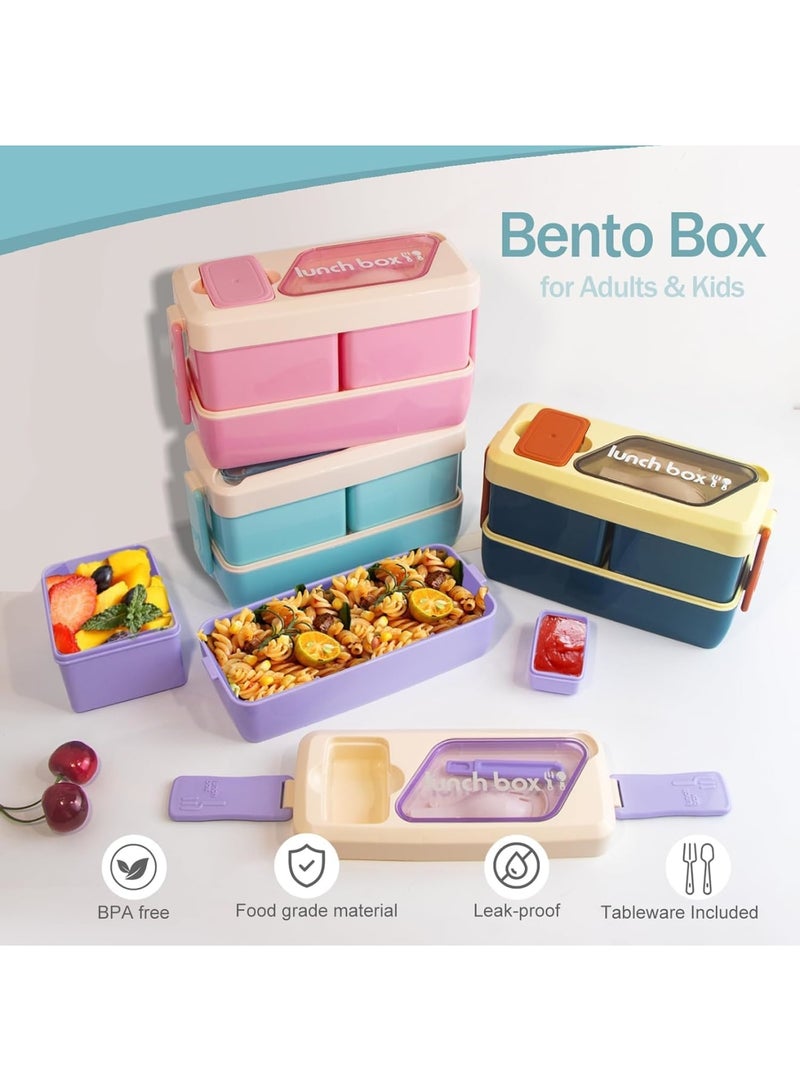 Excefore Bento Box, Lunch Box Containers for Adults and Kids, 40oz Leakproof 3 Compartments Stackable Bento Lunch Box With Utensils and Sauce Containers, Microwave and Dishwasher Safe, Blue, 1Pcs - Image 3