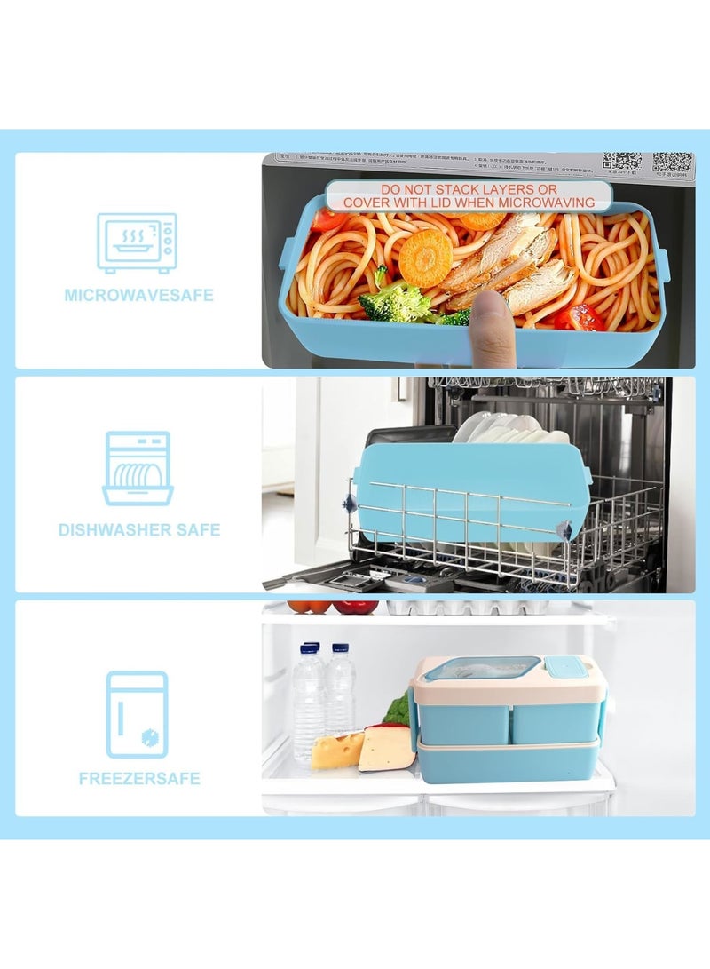 Excefore Bento Box, Lunch Box Containers for Adults and Kids, 40oz Leakproof 3 Compartments Stackable Bento Lunch Box With Utensils and Sauce Containers, Microwave and Dishwasher Safe, Blue, 1Pcs - Image 5