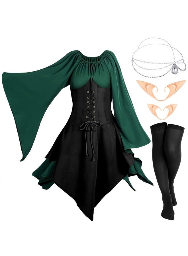 Eurzom 5 Pcs Medieval Fairy Costume Set Women Renaissance Dress Girl elf Cosplay Ears Accessories Rhinestone Drop Headpiece(Medium,Green, Black) - Image 1