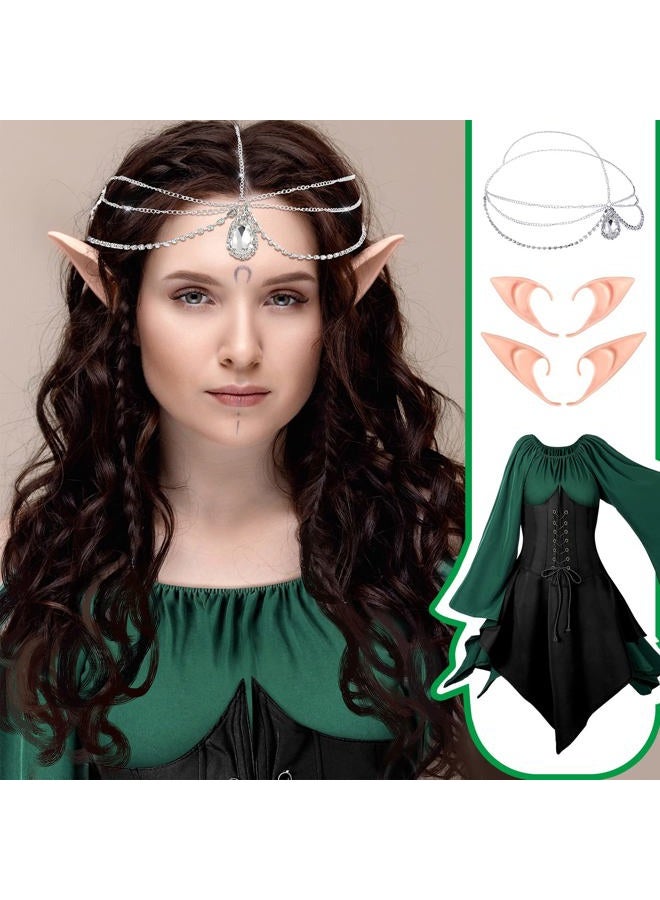 Eurzom 5 Pcs Medieval Fairy Costume Set Women Renaissance Dress Girl elf Cosplay Ears Accessories Rhinestone Drop Headpiece(Medium,Green, Black) - Image 3