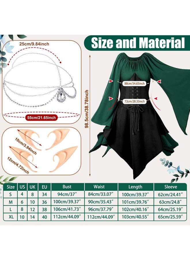 Eurzom 5 Pcs Medieval Fairy Costume Set Women Renaissance Dress Girl elf Cosplay Ears Accessories Rhinestone Drop Headpiece(Medium,Green, Black) - Image 2