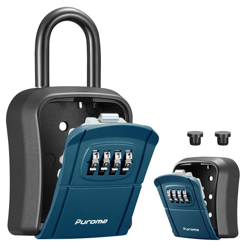 بوروما صندوق مفاتيح Puroma، صندوق مفاتيح محمول مثبت على الحائط برقم سري لتخزين مفاتيح المنزل، صندوق أمان قابل لإعادة الضبط برمز سري لتخزين المفاتيح الاحتياطية للمنزل أو المكتب أو الشقة (عبوة واحدة، لون أزرق طاووسي) - Image 1