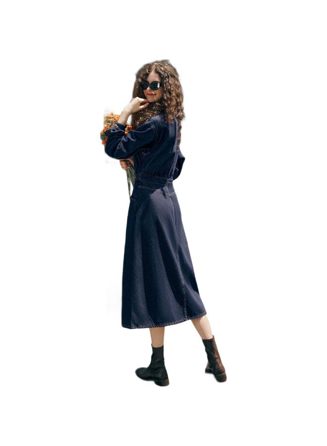 Olrain Denim Dress For Women, Spring New Style, Waist-Cinching Embroidery, Youthful Dress, Prussian Blue, Size S - Image 2