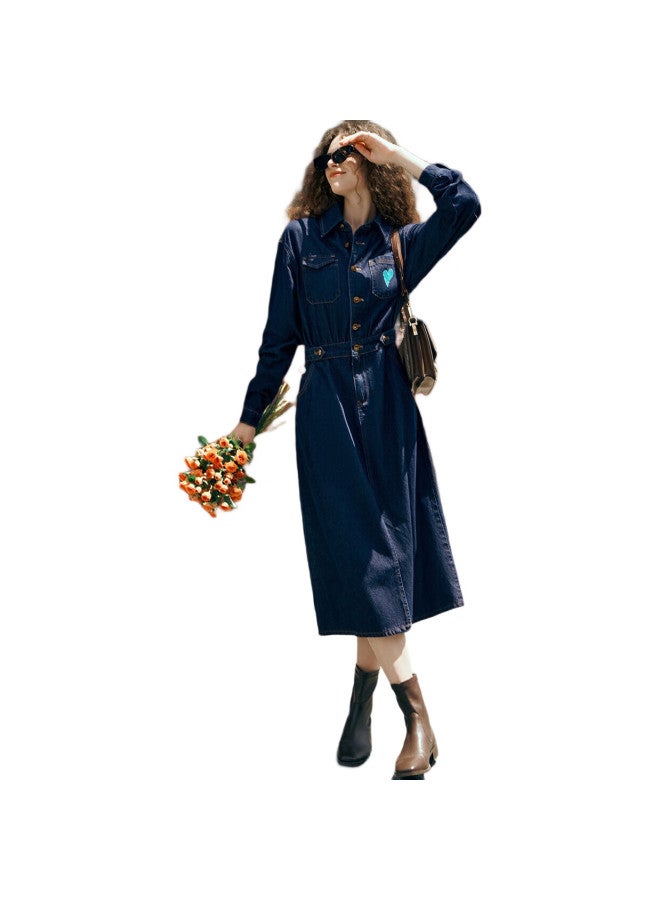 Olrain Denim Dress For Women, Spring New Style, Waist-Cinching Embroidery, Youthful Dress, Prussian Blue, Size S - Image 3