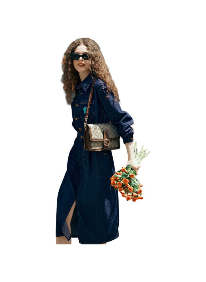 Olrain Denim Dress For Women, Spring New Style, Waist-Cinching Embroidery, Youthful Dress, Prussian Blue, Size S - Image 1