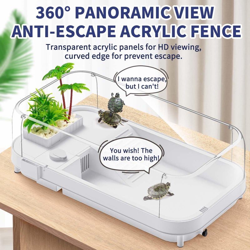 Moonorange Large Turtle Tank with Water Pump, Acrylic Turtle Tank Starter Kit with Heightened and Curved Fences, Multi-Function Areas, Bottom Drainage - Image 2
