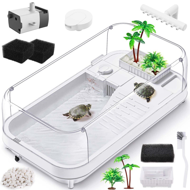 Moonorange Large Turtle Tank with Water Pump, Acrylic Turtle Tank Starter Kit with Heightened and Curved Fences, Multi-Function Areas, Bottom Drainage - Image 1
