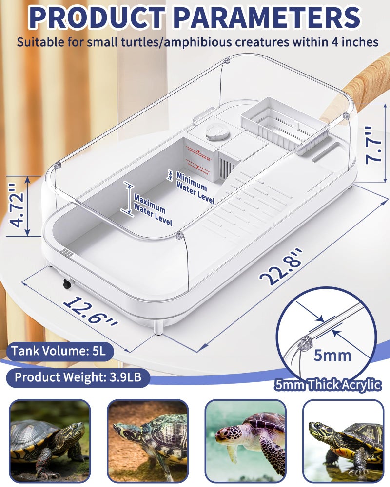 Moonorange Large Turtle Tank with Water Pump, Acrylic Turtle Tank Starter Kit with Heightened and Curved Fences, Multi-Function Areas, Bottom Drainage - Image 3