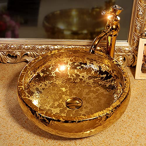 jdzlanwtart Gold Vessel Sinks Bowl Luxury Gold Glazed Ceramic Vanity Top Sink for Restroom Bathroom Bar Dia.16.4"Size - Image 1