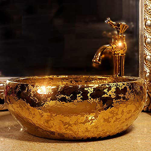 jdzlanwtart Gold Vessel Sinks Bowl Luxury Gold Glazed Ceramic Vanity Top Sink for Restroom Bathroom Bar Dia.16.4"Size - Image 3