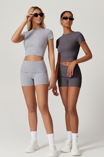 QINSEN Lounge Sets for Women 2 Piece Outfits Cropped Crew Neck Tops Fold Over Shorts Casual Loungewear Dark Grey S - Image 5