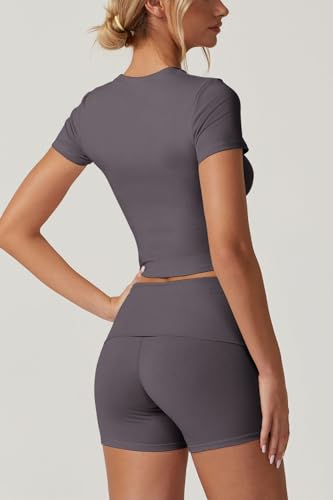 QINSEN Lounge Sets for Women 2 Piece Outfits Cropped Crew Neck Tops Fold Over Shorts Casual Loungewear Dark Grey S - Image 3