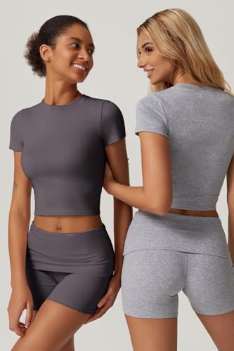 QINSEN Lounge Sets for Women 2 Piece Outfits Cropped Crew Neck Tops Fold Over Shorts Casual Loungewear Dark Grey S - Image 4