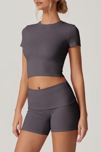 QINSEN Lounge Sets for Women 2 Piece Outfits Cropped Crew Neck Tops Fold Over Shorts Casual Loungewear Dark Grey S - Image 2