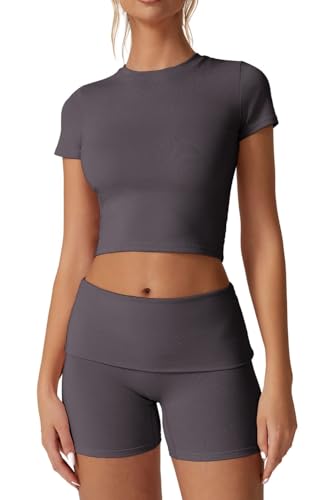QINSEN Lounge Sets for Women 2 Piece Outfits Cropped Crew Neck Tops Fold Over Shorts Casual Loungewear Dark Grey S - Image 1