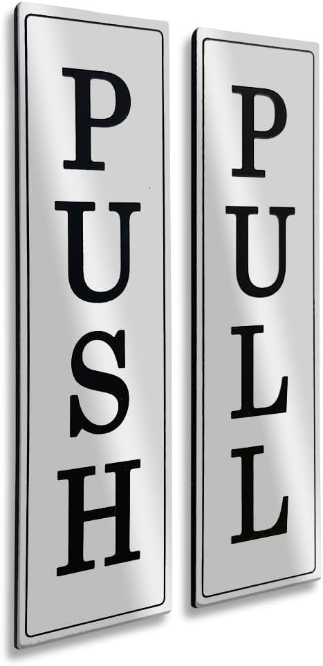 deziine Silver Metal Push Pull Sign Board For Offie and Shop Glass and Wooden | Self Adhesive Stainless Steel Metal Sticker for Door | Push and Pull Sticker for Hospital Malls Office(Silver, Big)[Vertical]-Set Of 1 - Image 1