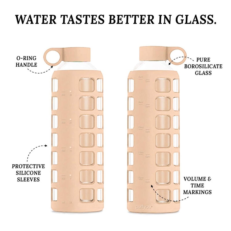purifyou Premium 40 / 32 / 22 / 12 oz Glass Water Bottles with Volume & Times to Drink  Silicone Sleeve & Stainless Steel Lid Insert  Reusable Bottle for Fridge Water  Milk  Juice (32oz Hazelnut) - Image 4