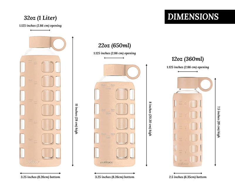 purifyou Premium 40 / 32 / 22 / 12 oz Glass Water Bottles with Volume & Times to Drink  Silicone Sleeve & Stainless Steel Lid Insert  Reusable Bottle for Fridge Water  Milk  Juice (32oz Hazelnut) - Image 3