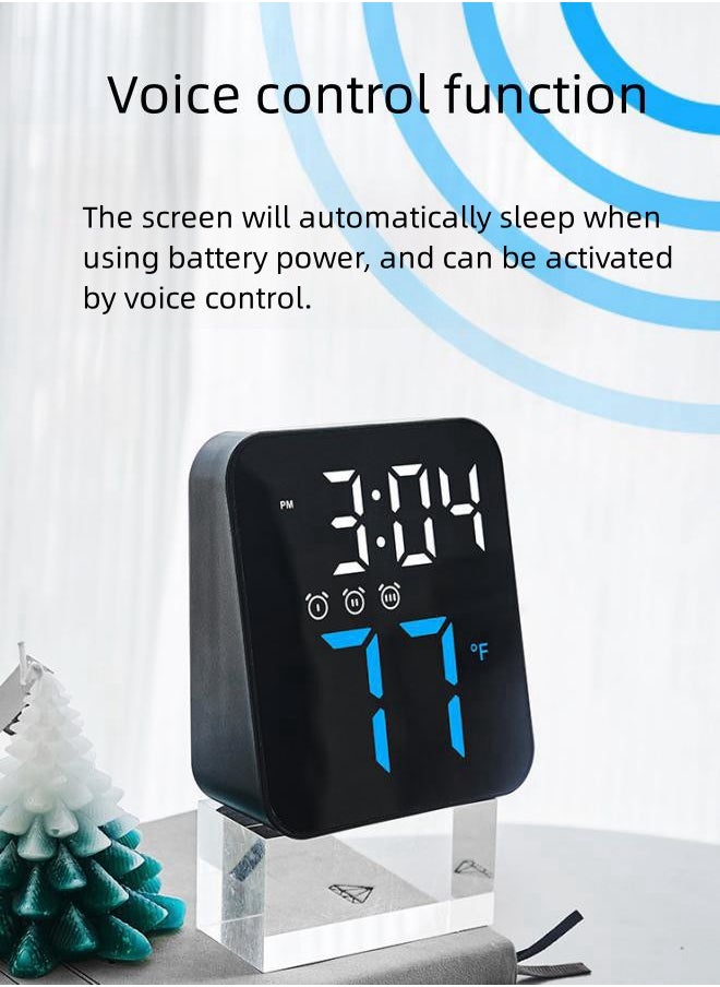WAOKN - Bedroom LED Digital Alarm Clock, Bedside Clock with 3 Alarm Settings, Adjustable Brightness Voice Console Clock, Office, Bedroom Temperature Display Electric Night Light Clock (Black) - Image 1