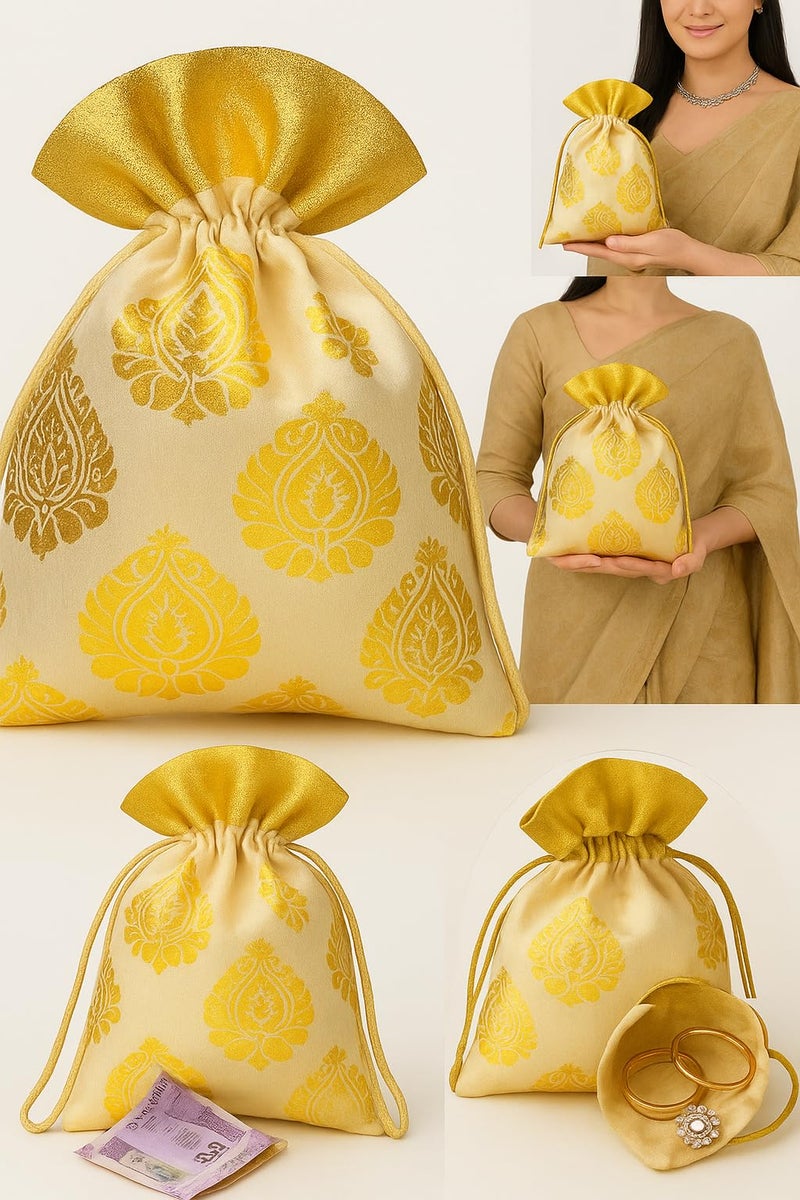 Abhaas 5PCS Drawstrings Potli Bag for Gifting | 23X18CM | for Ladies Wedding, Party Bag Potli Leaf Print for Women Kitty Parties Reusable Return Gift Purpose, Shagun Pouch, Candy Bags - Image 5