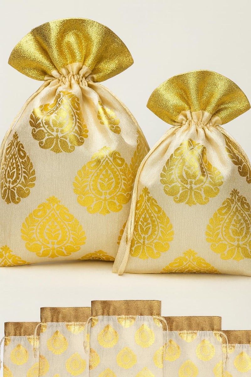 Abhaas 5PCS Drawstrings Potli Bag for Gifting | 23X18CM | for Ladies Wedding, Party Bag Potli Leaf Print for Women Kitty Parties Reusable Return Gift Purpose, Shagun Pouch, Candy Bags - Image 1