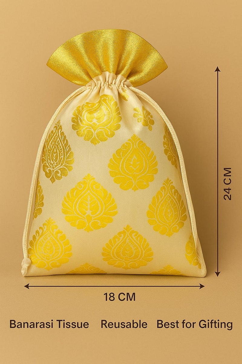 Abhaas 5PCS Drawstrings Potli Bag for Gifting | 23X18CM | for Ladies Wedding, Party Bag Potli Leaf Print for Women Kitty Parties Reusable Return Gift Purpose, Shagun Pouch, Candy Bags - Image 2