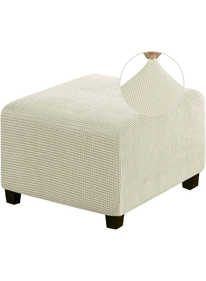 Stretch Ottoman Cover, Ottoman Slipcovers, Dustproof Pouffe Cover Elastic Detachable Stool Cover, Thick Checked Jacquard Fabric with Elastic Bottom, Washable,Beige,L - Image 1